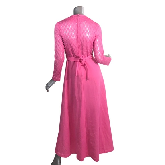 VINTAGE 70s Hot Pink Formal Maxi Dress Lace Crew Neck Long Sleeve Small Medium - Picture 2 of 16